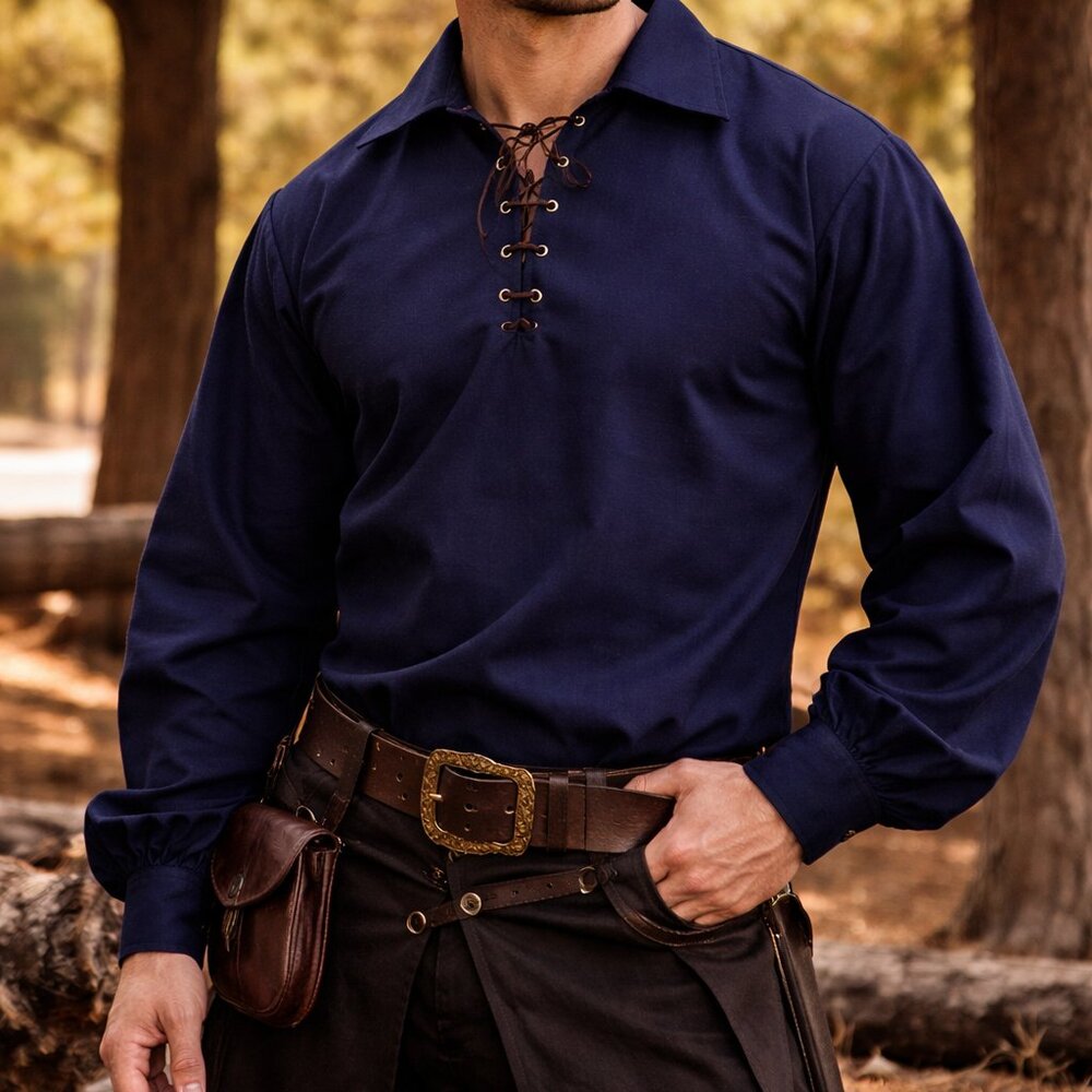 Men Scottish Traditional Jacobite Shirt Highlander Black Lace-up Front Shirt